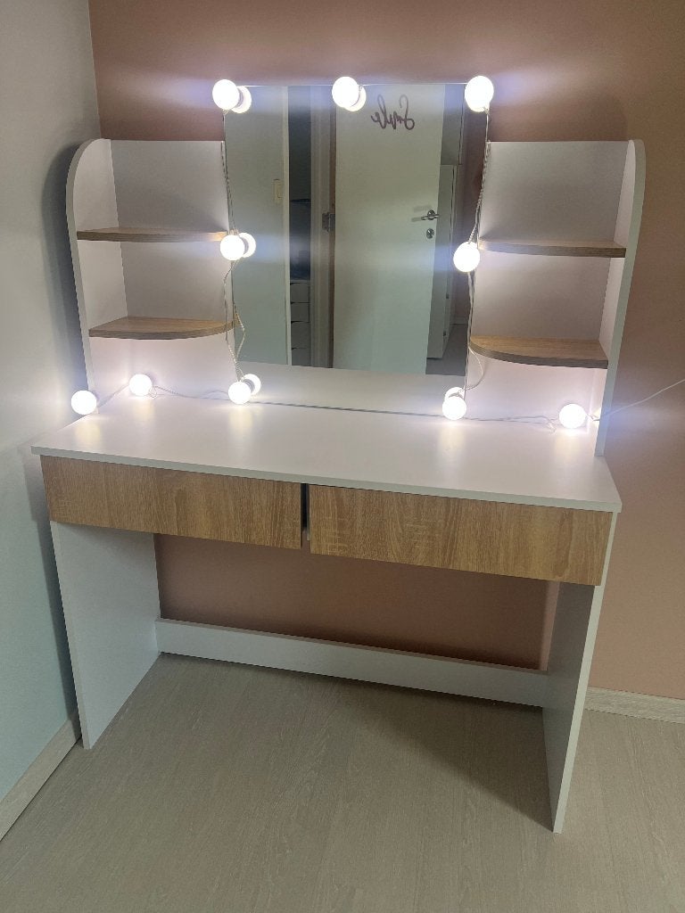 Coiffeuse blanche et bois avec miroir LED, Ophalen, 100 tot 150 cm, 100 tot 150 cm, Zo goed als nieuw