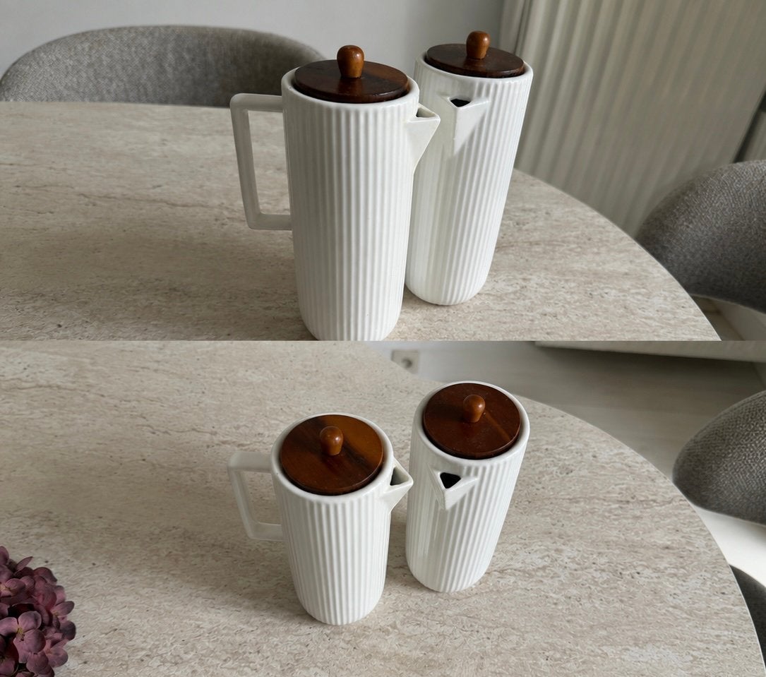 Duo de huiliers en céramique blanche avec couvercles en bois, Ophalen, Hout