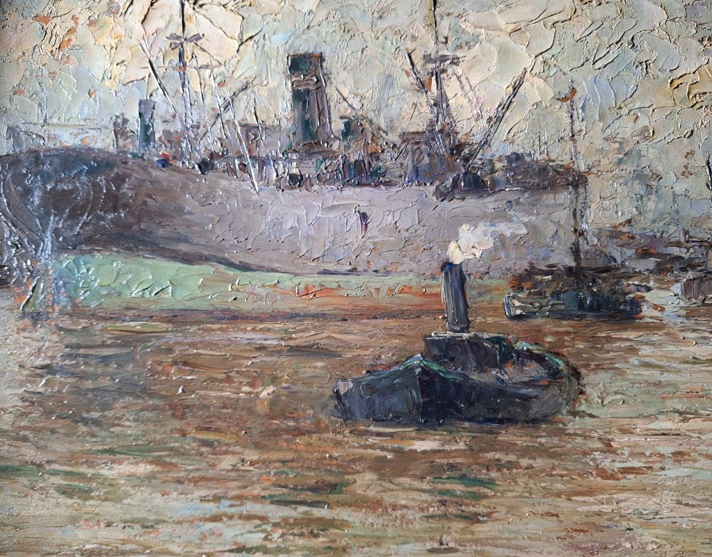 PEINTURE DU PORT D'ANVERS 1922, Enlèvement ou Envoi, Signé, Peinture à l'huile, Panneau