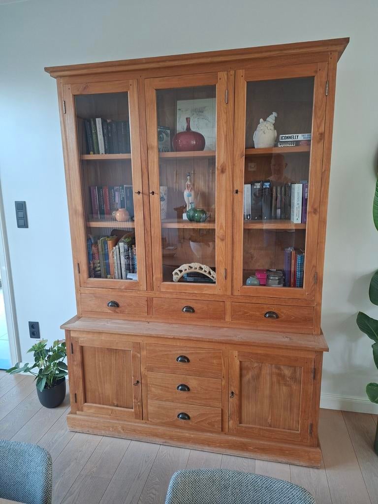 Massief teak vitrinekast, Ophalen, Met deur(en), 200 cm of meer, 150 tot 200 cm