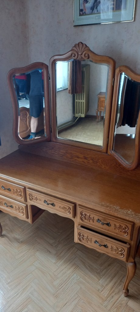 Klassieke eiken kaptafel met drieluik-spiegel - Louis XV-sti, Enlèvement, Verre