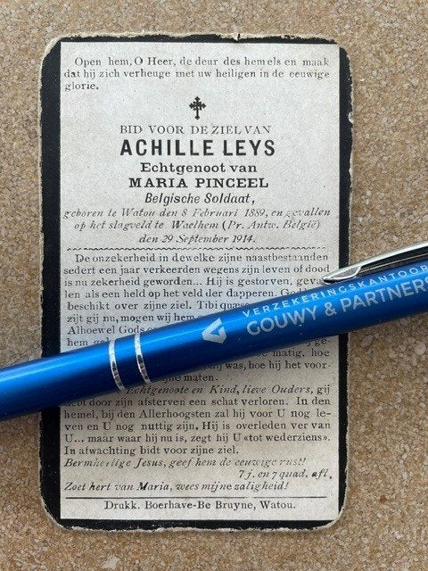 14-18 Le soldat Achille Leys Watou a tué FORT VAN WALEM, Enlèvement ou Envoi, Image pieuse