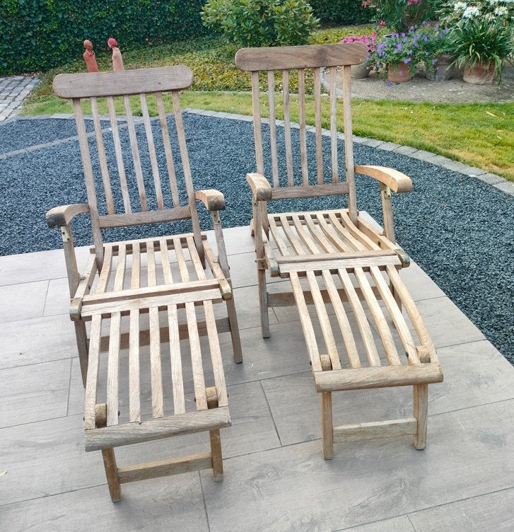 Set van 2 vintage teakhouten ligstoelen "The Duck", Jardin & Terrasse, Chaises longues, Enlèvement, Comme neuf, Bois, Réglable