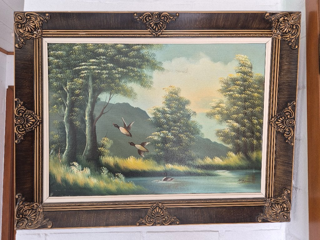 schilderij van M. Douven (85x65 cm) in barok kader, Ophalen, Doek, Landschap, Olieverf