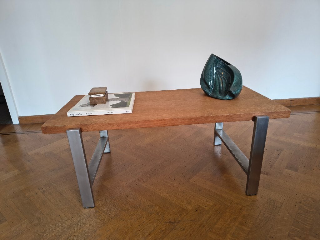 Vintage salontafel fineerhout en staal mid century modern, Ophalen, Gebruikt, 100 tot 150 cm, Mid century modern