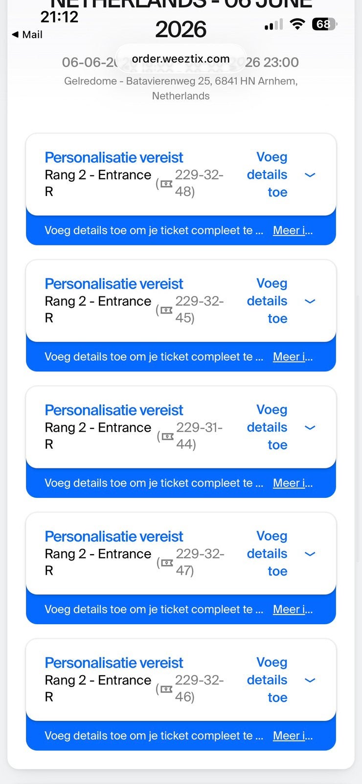 Kanye West - YE - Gelredome 6 Juni 5 tickets Rang 2, Juin