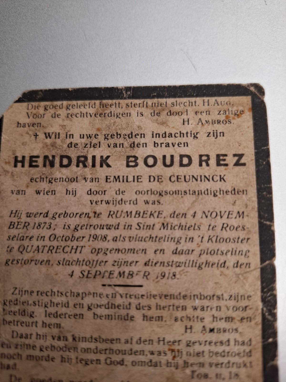 Hendrik boudrez, slachtoffer zijner dienstwilligheid 1918, Antiek en Kunst, Ophalen of Verzenden, Bidprentje