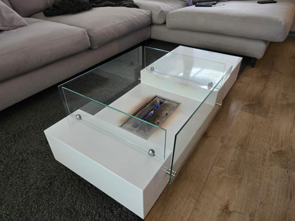 Witte metalen salontafel op Bio-ethanol, 100 à 150 cm, Moins de 50 cm, Verre, Enlèvement