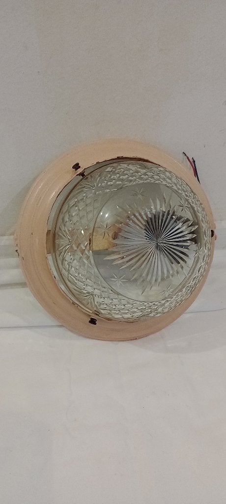 Plafonnier vintage hublot en verre taillé 1950, Enlèvement ou Envoi, Utilisé, Verre