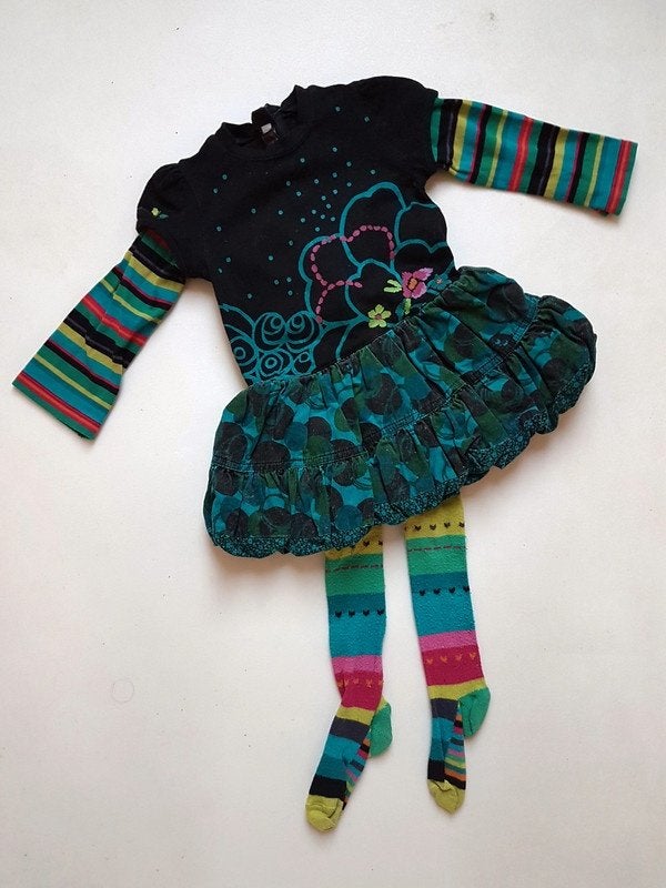 CATIMINI - Ensemble robe noir/vert + bas - T.12 mois/74cm, Enlèvement ou Envoi, Ensemble, CATIMINI, Utilisé