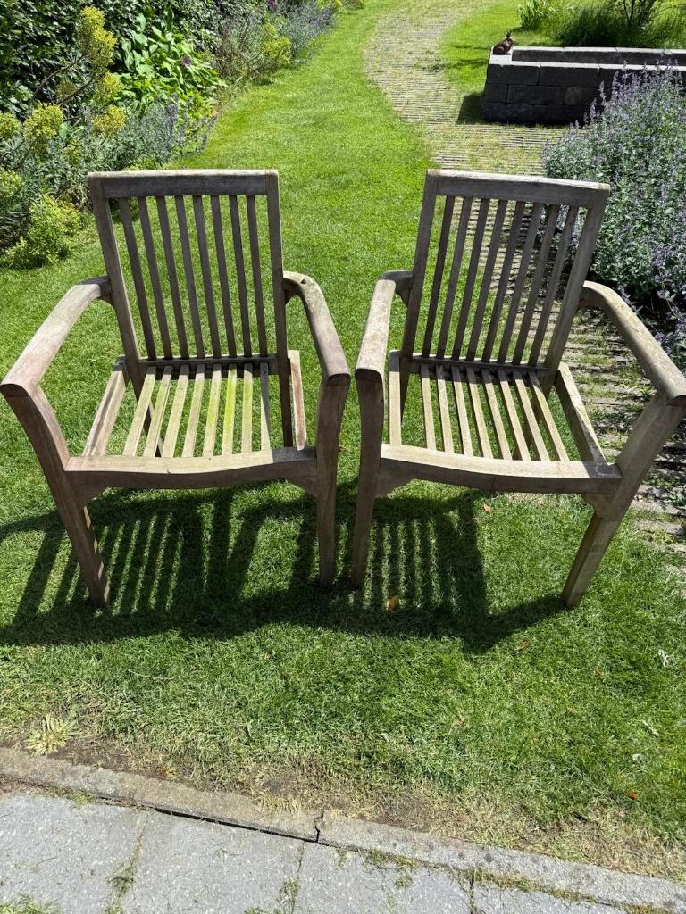 2 teaken tuinstoelen, Tuin en Terras, Tuinstoelen, Ophalen, Gebruikt, Teakhout, Stapelbaar