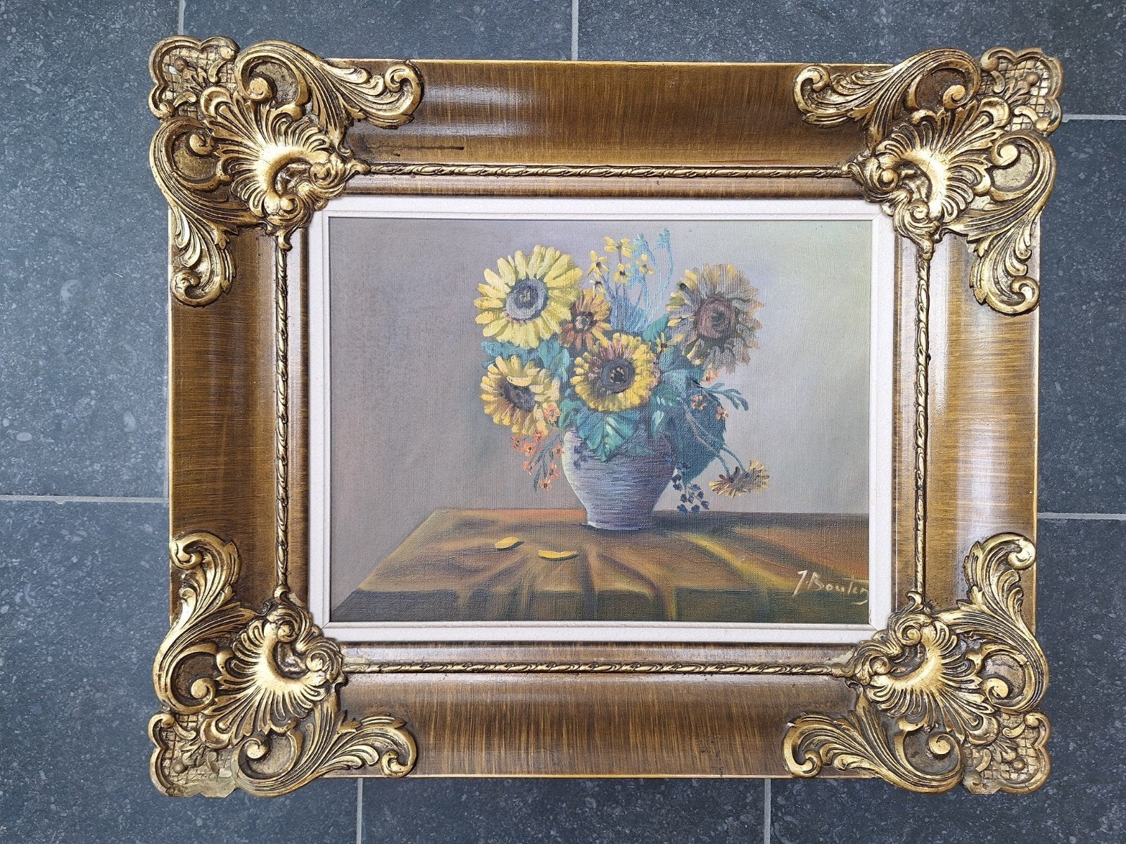 Stilleven, barok kader verguld, Enlèvement, Peinture à l'huile, Fleurs, Toile