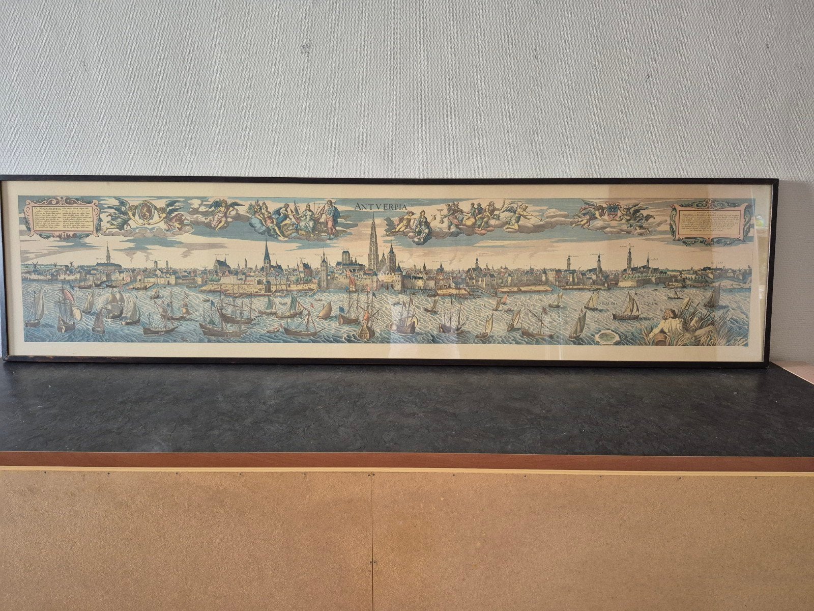 skyline van Antwerpen, Antiek en Kunst, Kunst | Etsen en Gravures, Ophalen, 190 cm, Stadsgezicht, 46 cm