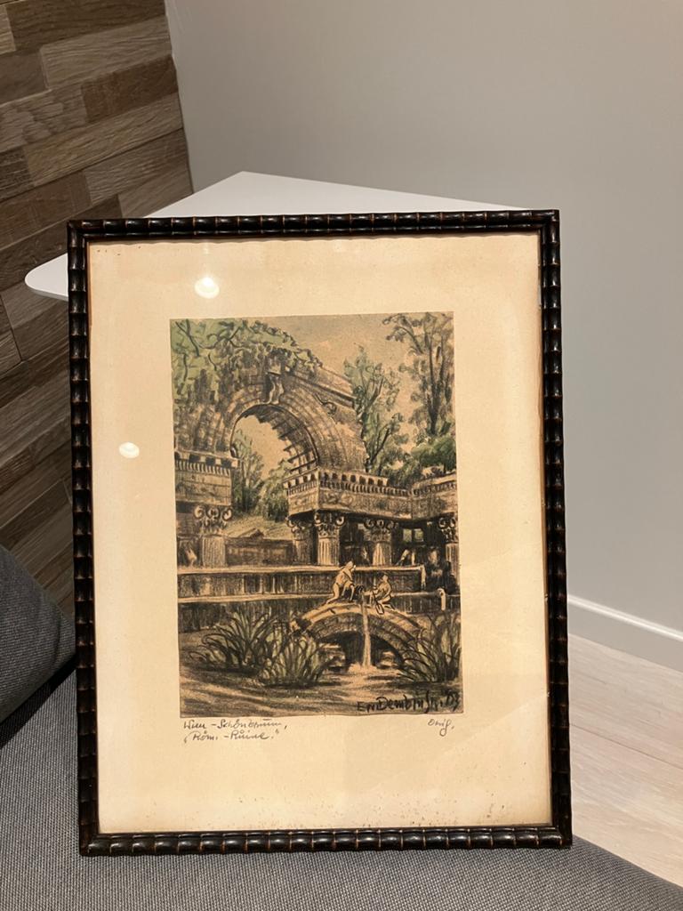 Vintage houten kader / lijst met schets / tekening, Ophalen of Verzenden