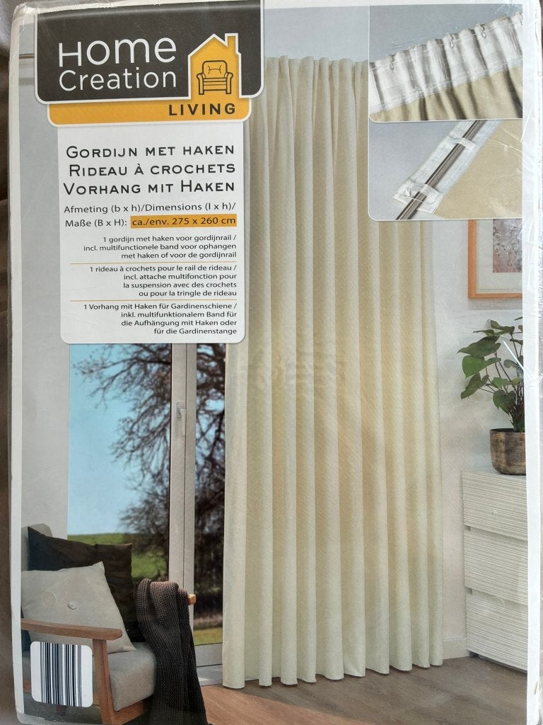 gordijn met haken (twee stuks), Huis en Inrichting, Stoffering | Gordijnen en Lamellen, Nieuw, Ophalen of Verzenden, 200 cm of meer