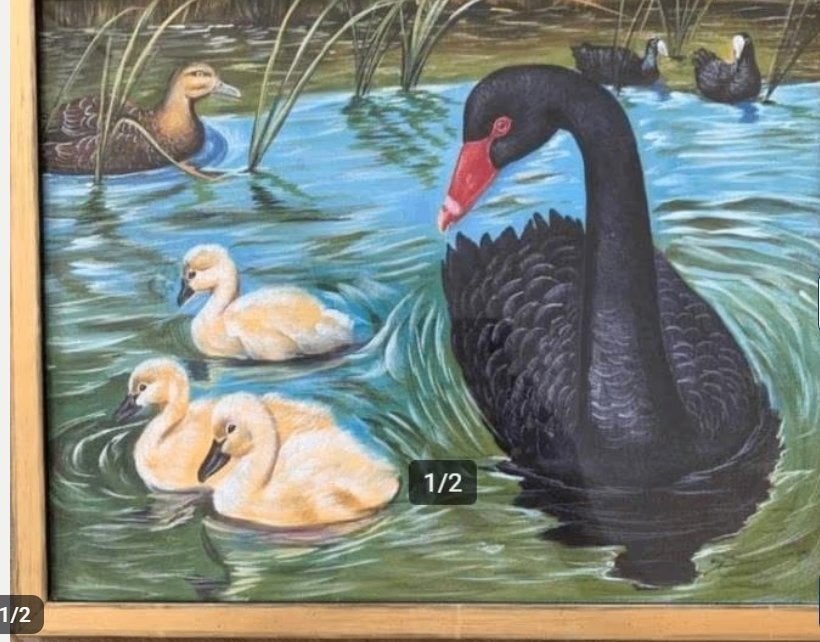 Zwarte zwaan geschilderd op zijde, Antiquités & Art, Tableau, Fait main, Enlèvement ou Envoi, 29 cm
