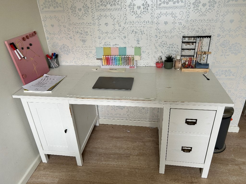 Bureau en bois blanc avec tiroirs, Bureau d'écolier, 155 cm, 65 cm, Enlèvement