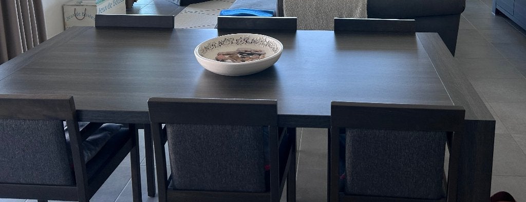 Eetkamertafel 210x100 cm met 6 Armstoelen - Donker Eikenlook, Ophalen, Gebruikt, Modern, Donker Eikenlook, 4 tot 6 stoelen