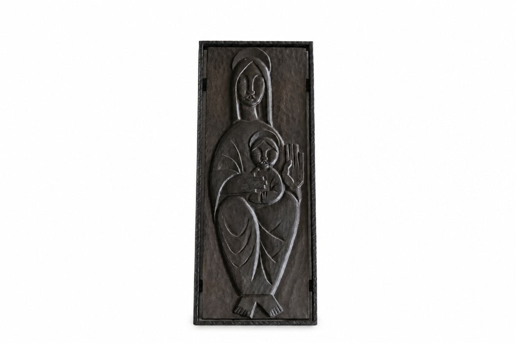 Vintage Brutalist metalen bas relief - Madonna met Kind, Ophalen