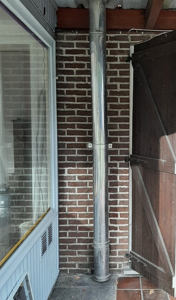 Inox schouw pelletkachel, Ophalen, Gebruikt, 2 tot 4 meter, 80 mm of meer