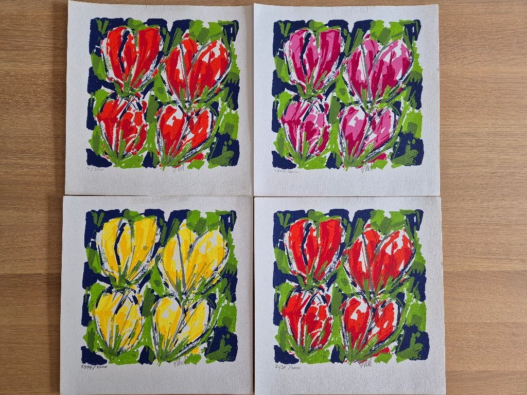 4 zeefdrukken (zijn gekende tulpen) van Ad van Hassel, Antiek en Kunst, Kunst | Litho's en Zeefdrukken, Gesigneerd, Ophalen, Dieren en Natuur