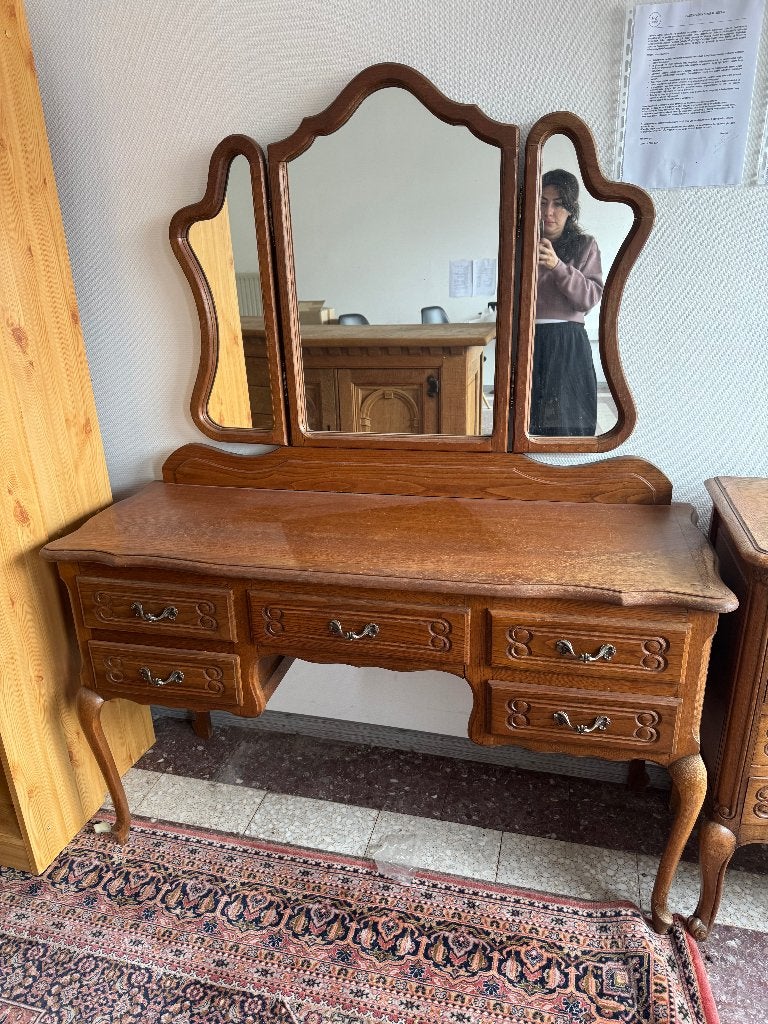 1. Vintage kaptafel / dressoir met driedelige spiegel, Ophalen, Gebruikt, Vintage, Met lade(s)