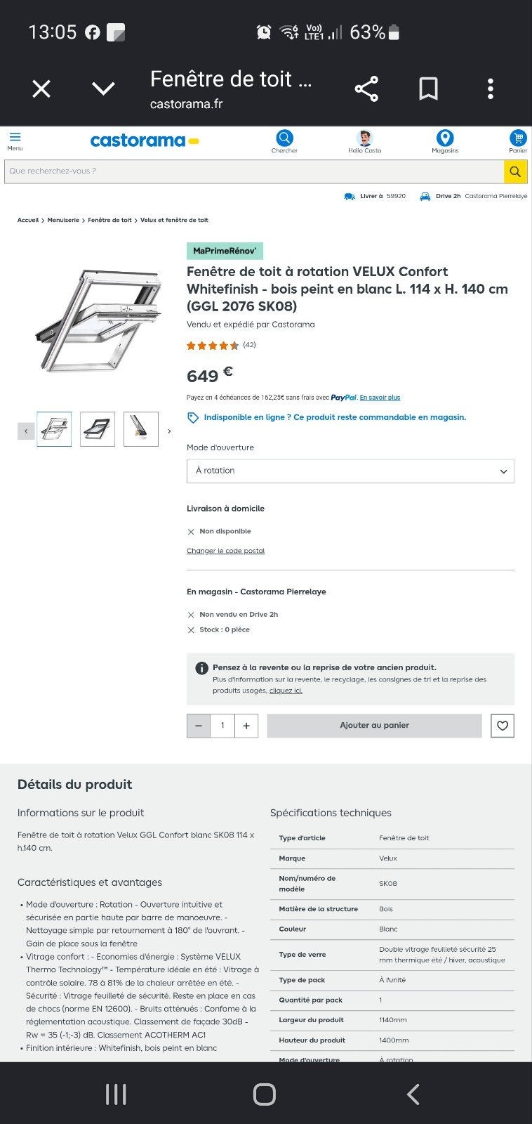 Velux 114×140 neuf