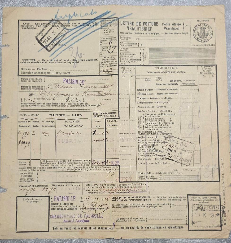 1925+Falisolle+Aiseau Tergnée+Lettre de voiture, Autre, Affranchi, Enlèvement, Trains
