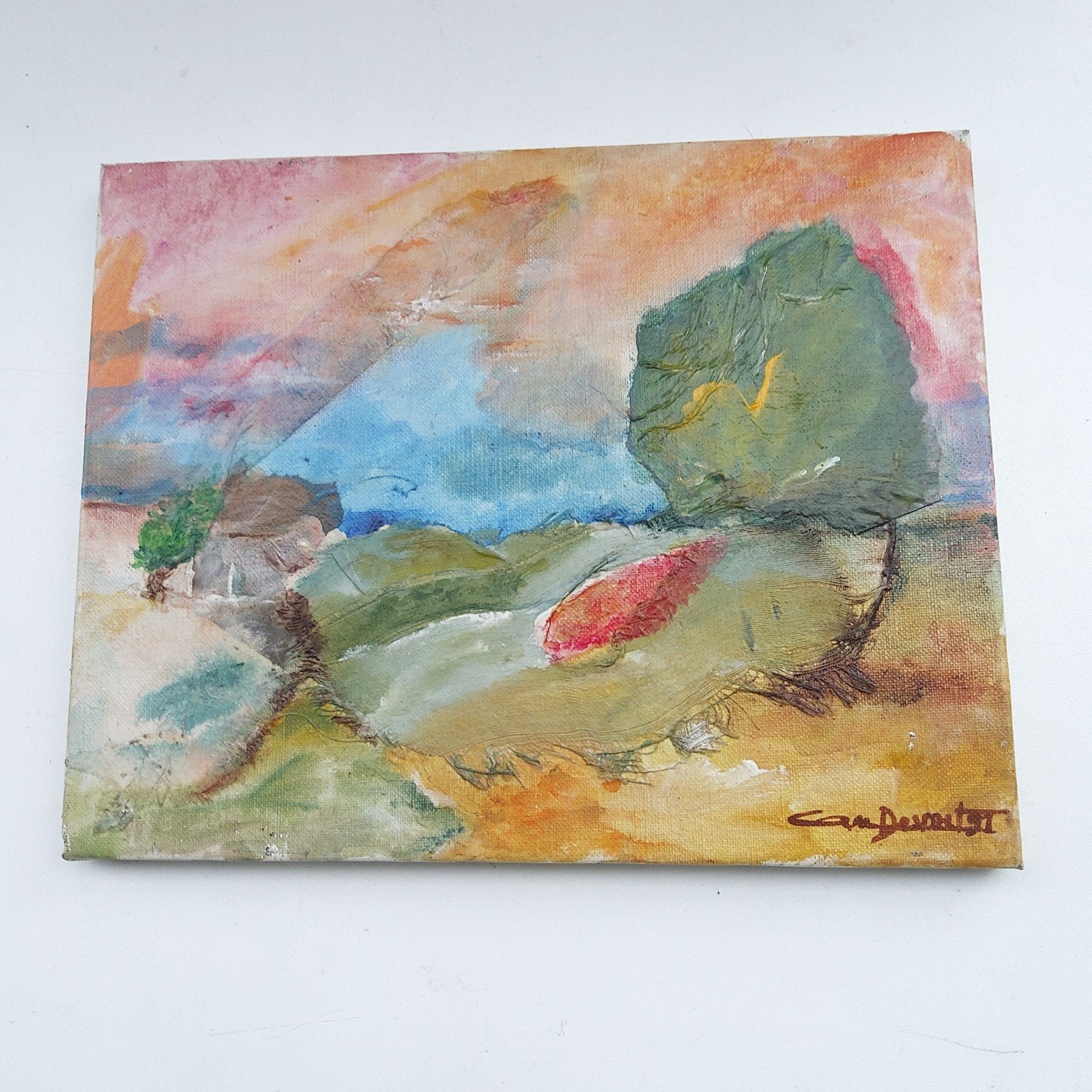 Mixed Media Landschap (30x24 cm) – Handgesigneerd, Antiquités & Art, Bois, Enlèvement ou Envoi, Paysage, Signé