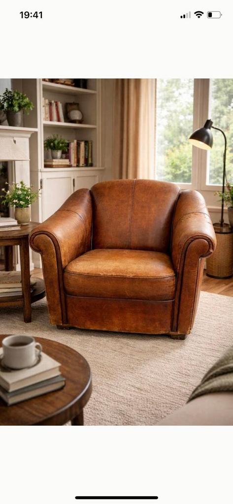 Vintage lederen clubfauteuil, Huis en Inrichting, Fauteuils, Ophalen, Gebruikt, Leer