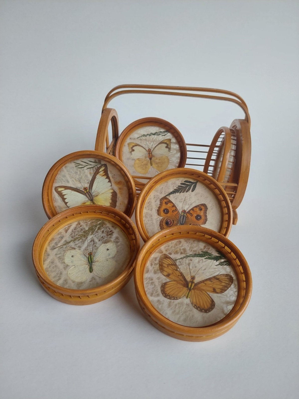 Set van 6 bamboe onderzetters met faux-taxidermie vlinders, Enlèvement