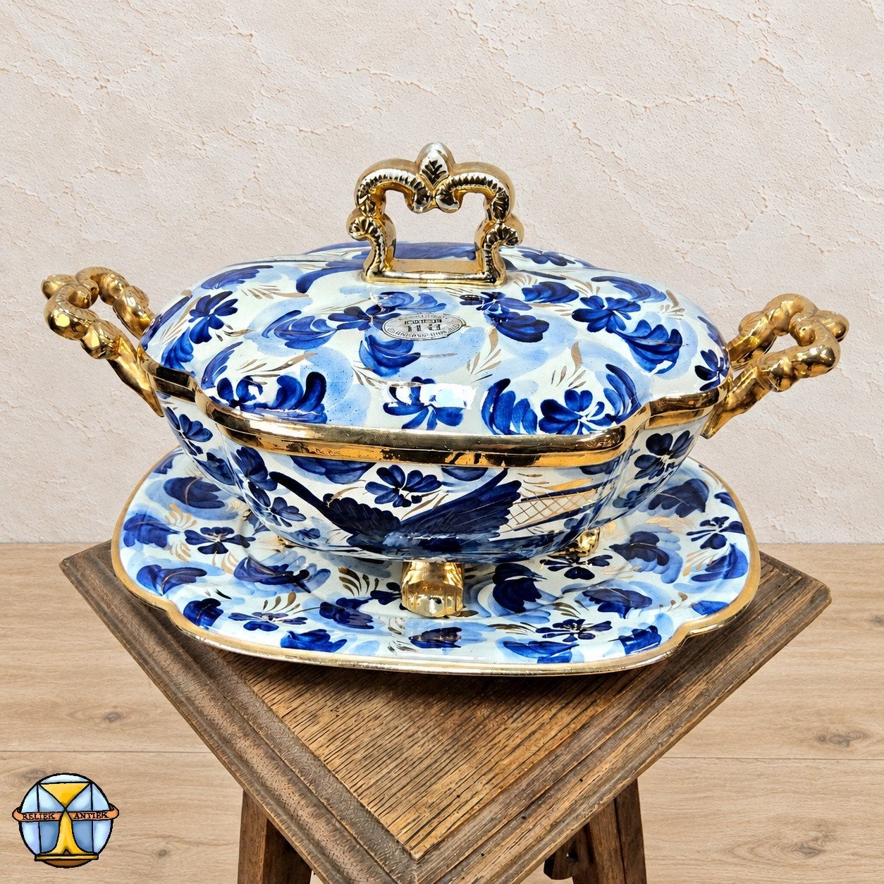 Vintage Bonbonniere H.Bequet blauw vogels handbeschilderd, Antiek en Kunst, Ophalen of Verzenden