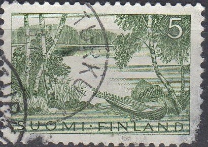 Finland - Houten roeibootje en berkenbomen - 1961, Ophalen of Verzenden, Gestempeld