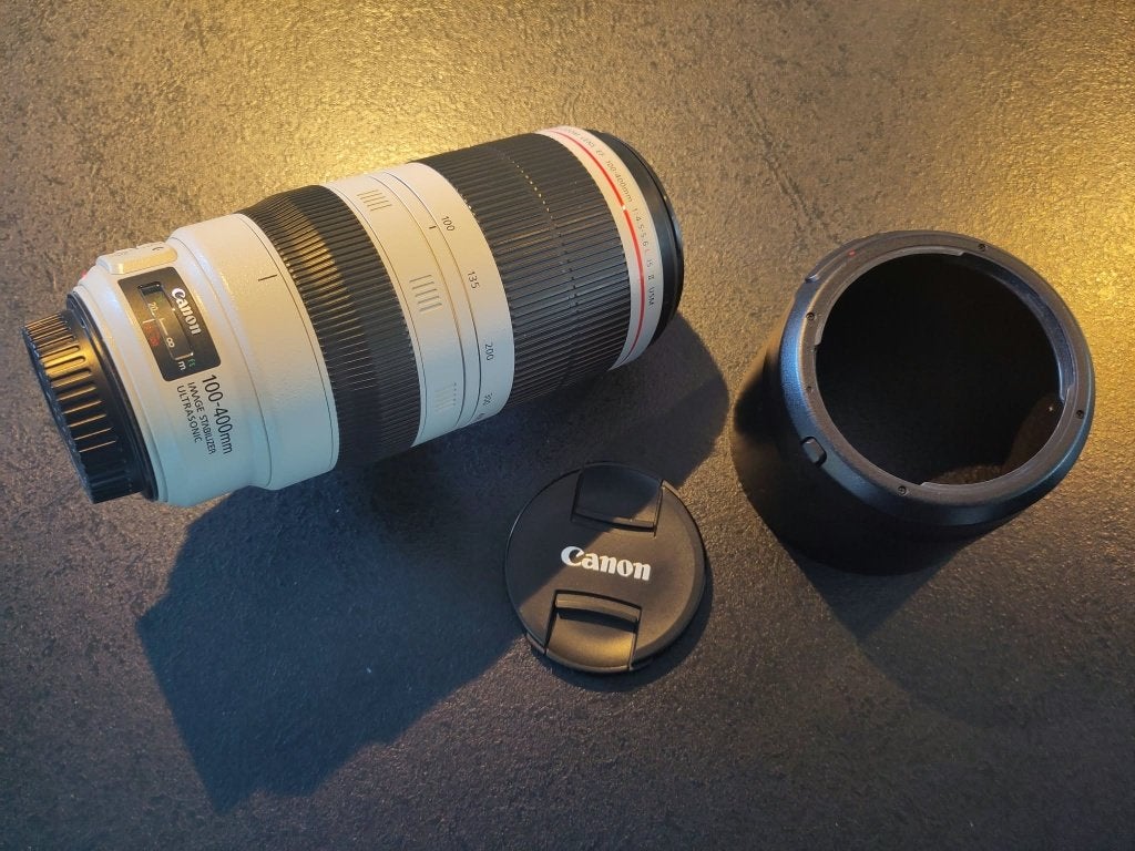 Canon EF 100-400mm f/4.5-5.6L IS II USM + extender 1.4 III, Ophalen, Zonnekap, Canon, Telelens