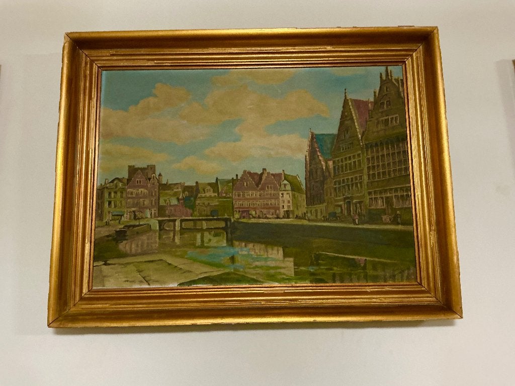 Peinture du Graslei à Gand, Peinture à l'huile, Signé, Enlèvement, Paysage urbain / rural