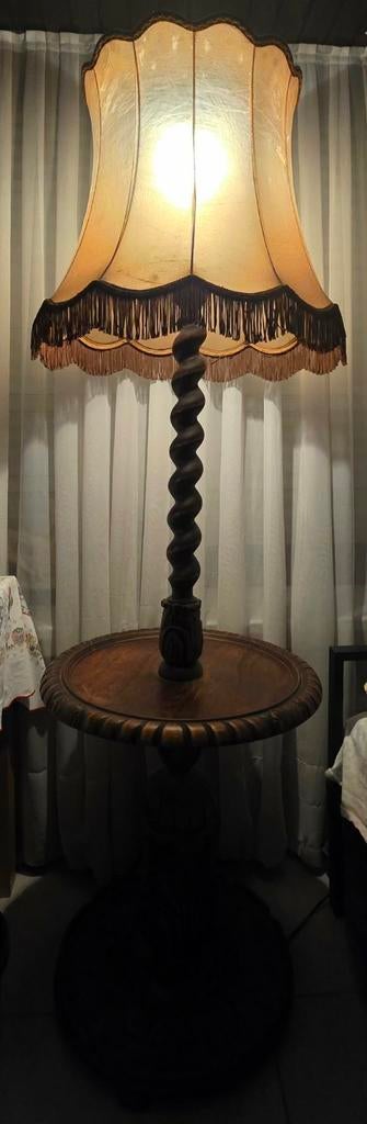Practige vintage eiken vloerlamp met tafeltje, Antiek en Kunst, Ophalen of Verzenden