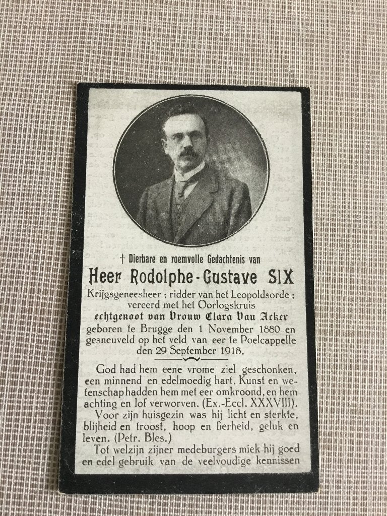 Le médecin soldat R.Six Brugge a tué Poelkapelle 1918 WOI, Envoi, Image pieuse