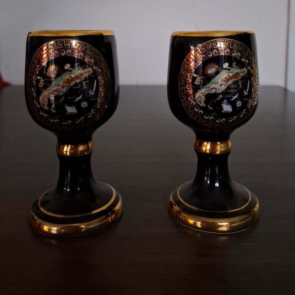 2 Griekse vaasjes/kelkjes - handgemaakt met 24K gouddecor, Enlèvement, Comme neuf