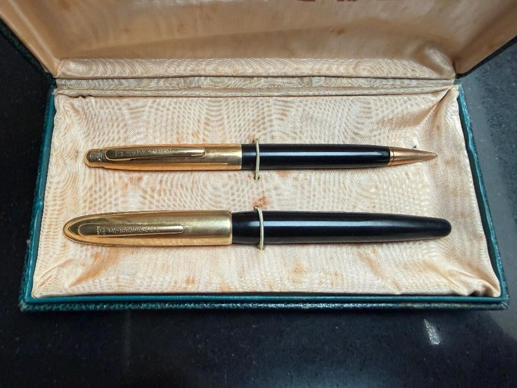 Stylo plume et crayon mécanique en or 14 carats vintage 1945, Autres marques, Enlèvement ou Envoi, Avec boîte, Stylo