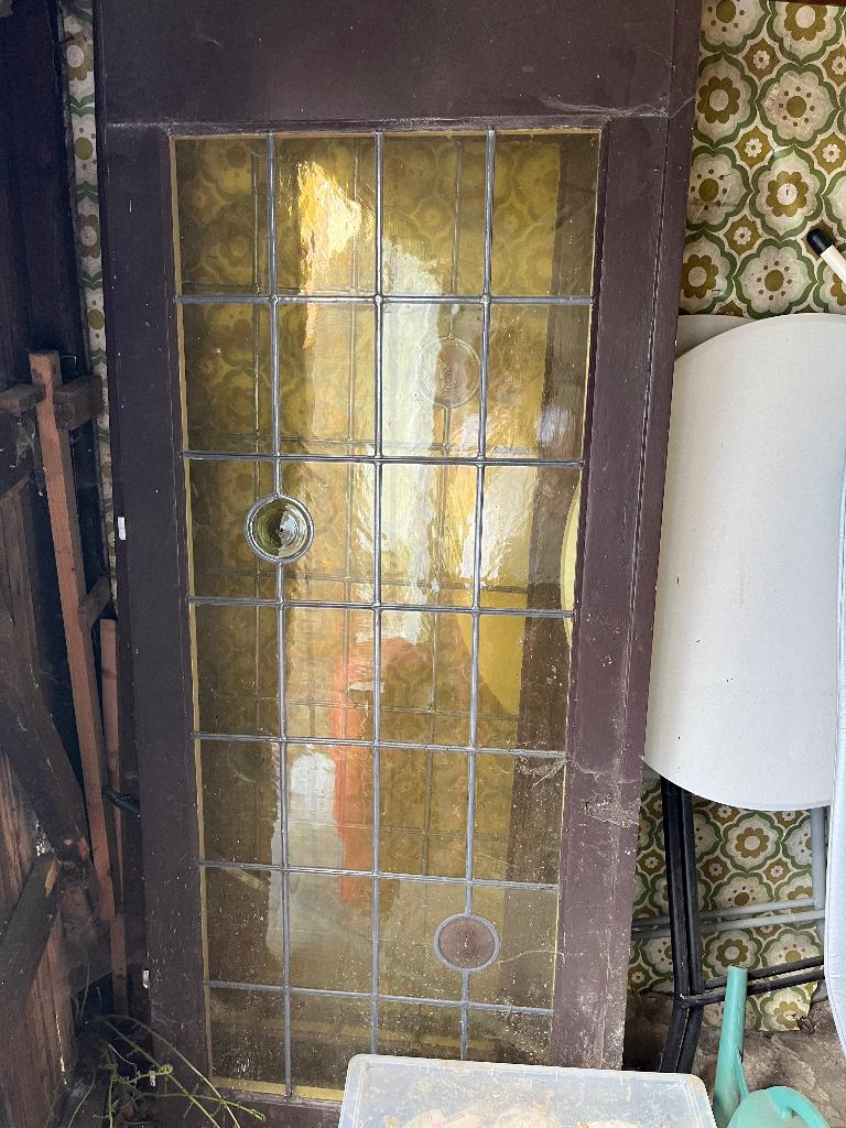 Double porte vitrée ancienne. Bois et vitraux., Enlèvement, Utilisé, Fenêtre de façade ou Vitre, Vitrail