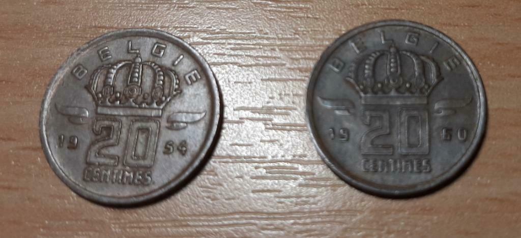 20 Belgische centimes 1954 en 1960 , Bronze mijnwerker, Ophalen of Verzenden, Brons