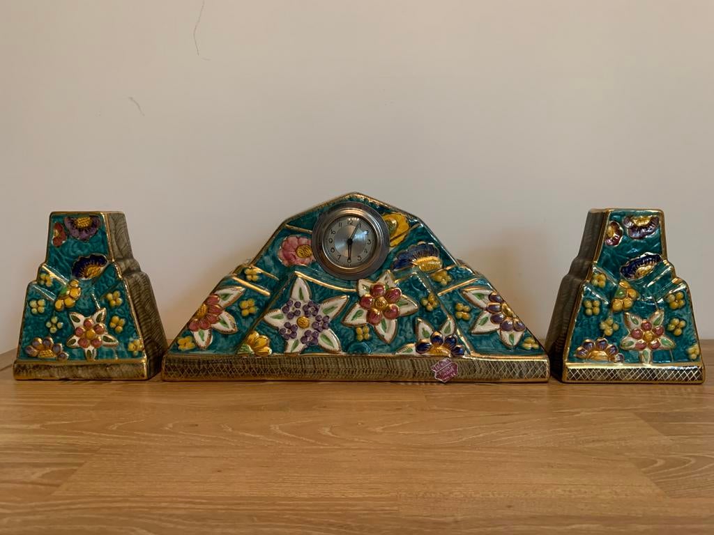 Art Deco schouwstel "Anémone" – Faïencerie Hubert Bequet, Antiek en Kunst, Antiek | Keramiek en Aardewerk, Ophalen of Verzenden