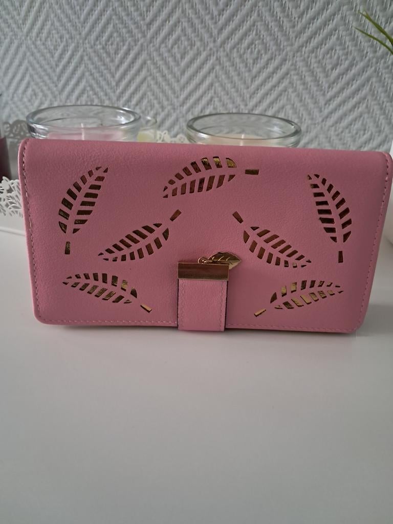 Portefeuille femme rose élégant motif feuilles dorées neuf, Enlèvement ou Envoi, Neuf, Rose, Softcase