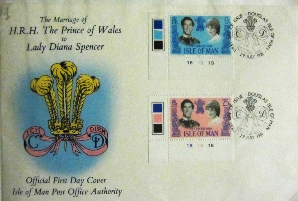 FDC- HUWELIJK PRINS CHARLES MET LADY DIANA- ISLE OF MAN, Postzegels en Munten, Ophalen of Verzenden, Gestempeld, Koningshuis