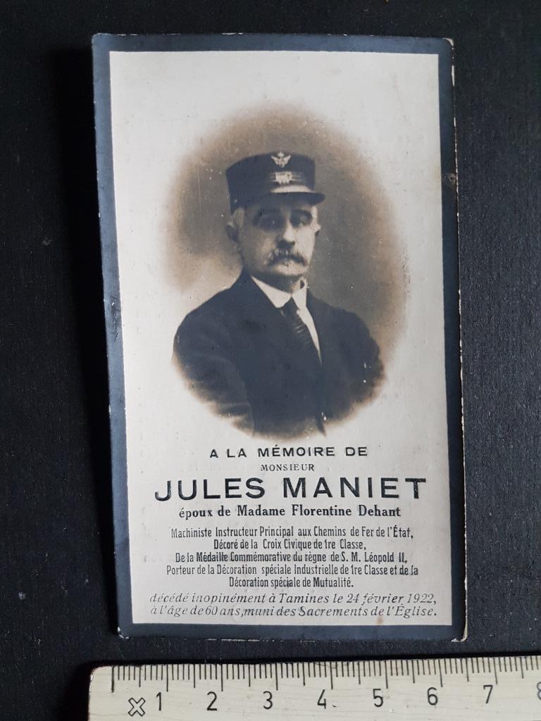 Doodsprentje Jules Maniet Trein Machinist 1922 Spoorwegen, Verzamelen, Bidprentjes en Rouwkaarten, Ophalen of Verzenden, Rouwkaart