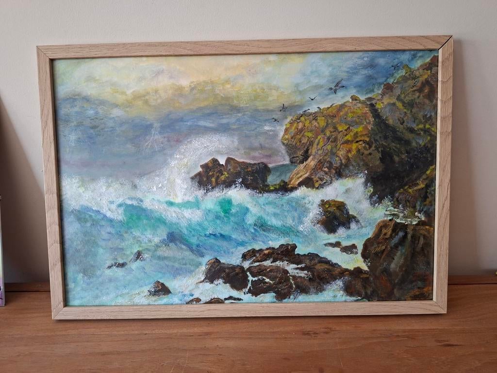 Vue sur la mer avec tempête à venir. Aquarelle et gouache en, Enlèvement ou Envoi