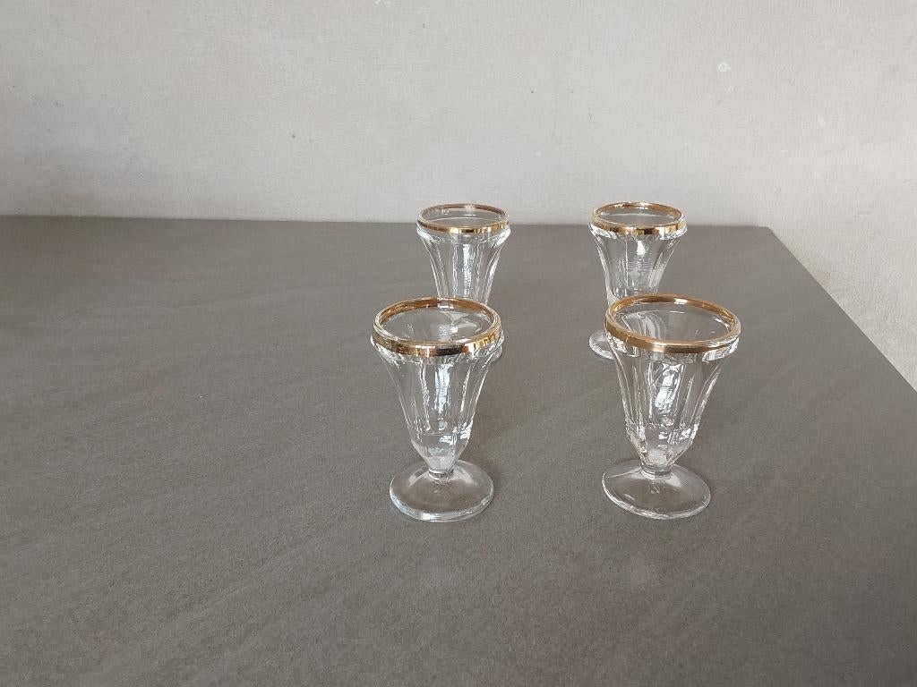 4 vintage druppelglaasjes met gouden rand, Ophalen of Verzenden