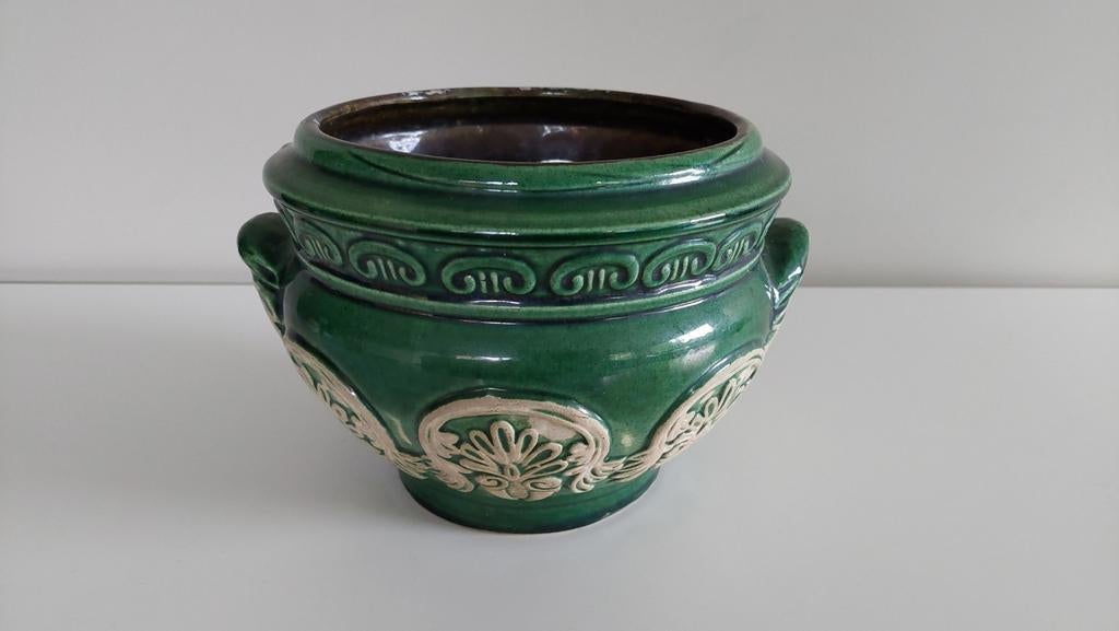 Vintage geglazuurde keramiek bloempot met reliëfstructuur, Ophalen of Verzenden