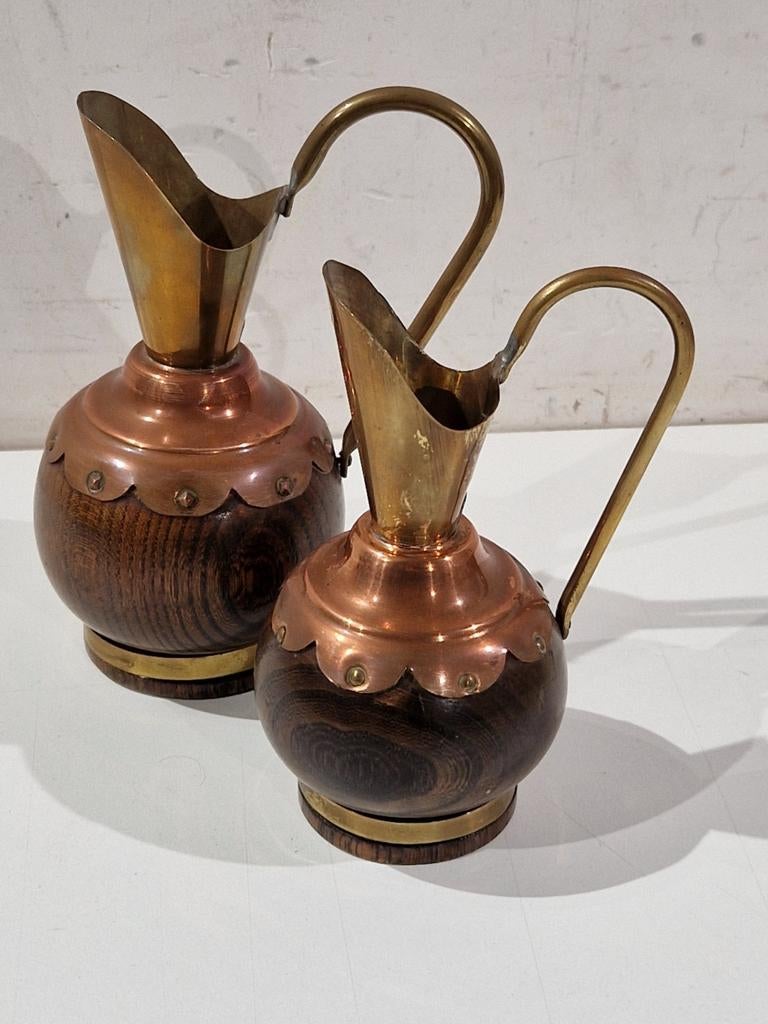 Set van 2 houten kannetjes , vazen uit hout geel rood koper, Ophalen of Verzenden