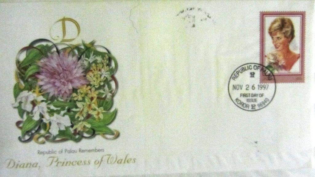 GROTE FDC- PRINSES DIANA MET POSTZEGEL REP. OF PALAU, Ophalen of Verzenden, Gestempeld, Koningshuis